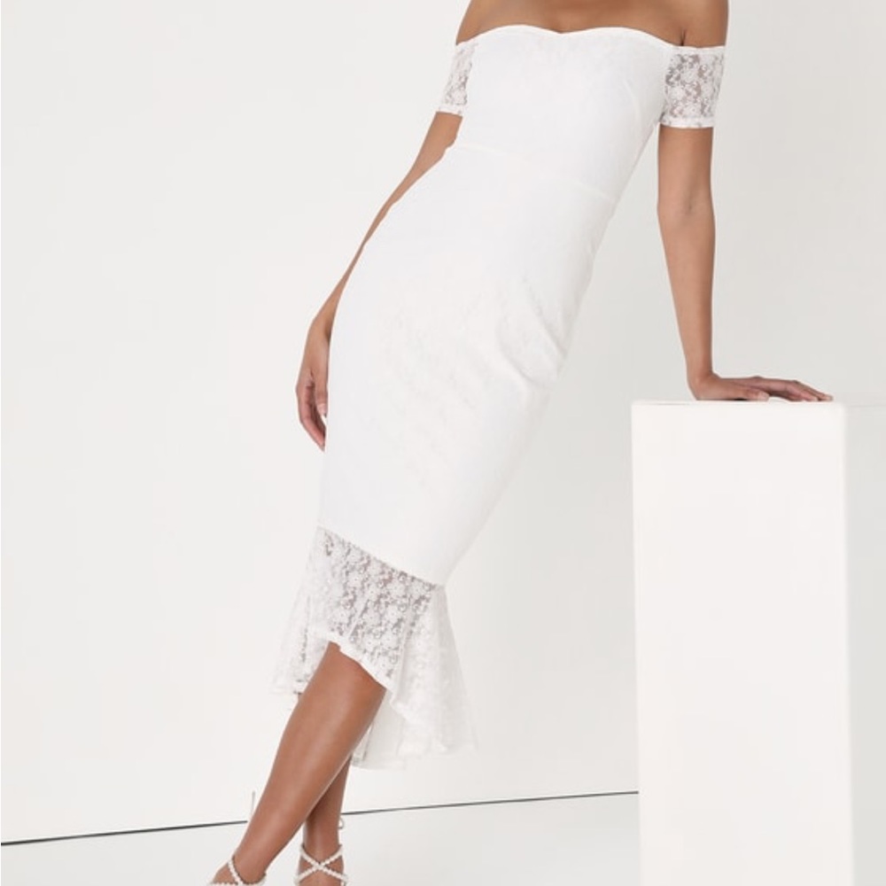 Ivory Lace off the shoulder midi dress - Picture 3 of 10